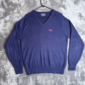 Vintage Dupont Embroidered V-Neck Pullover Long Sleeve Pine State Navy Large